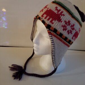 Beanie Toque Hat Lined Ear Flaps Youth Lg Unisex Knit Moose Design Braded Ties